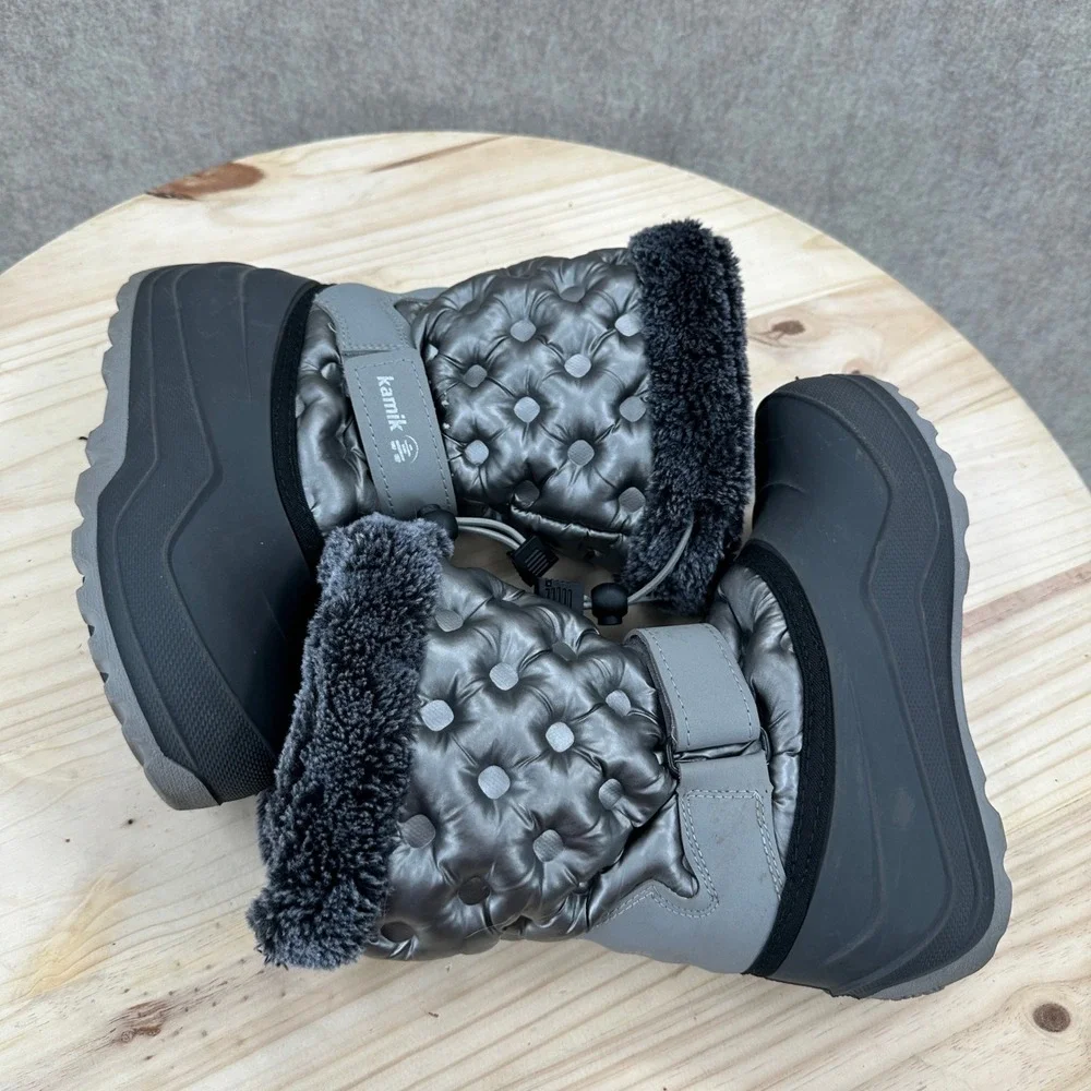 Kamik Kids Penny 3 Winter Boots Metallic Silver Quilted Snow Boots 2 Faux Fur